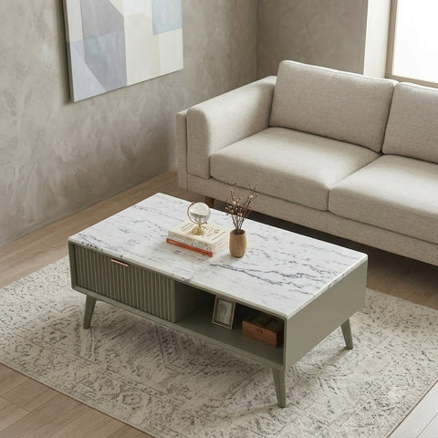 PRITI Modern Marble Top Coffee Table with Drawer for Living Room