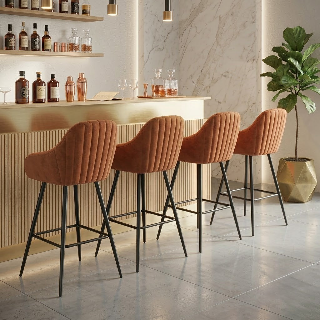 PRITI Modern Orange Velvet Counter Height Bar Stools – Set of 4, Upholstered Kitchen Stools with Metal Frame