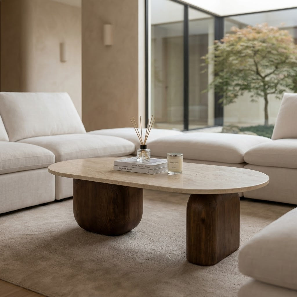 PRITI Modern Oval Marble Coffee Table with Travertine Finish