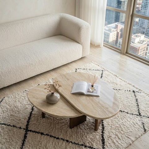 PRITI Modern Oval Nesting Coffee Tables with Engineered Marble Tops