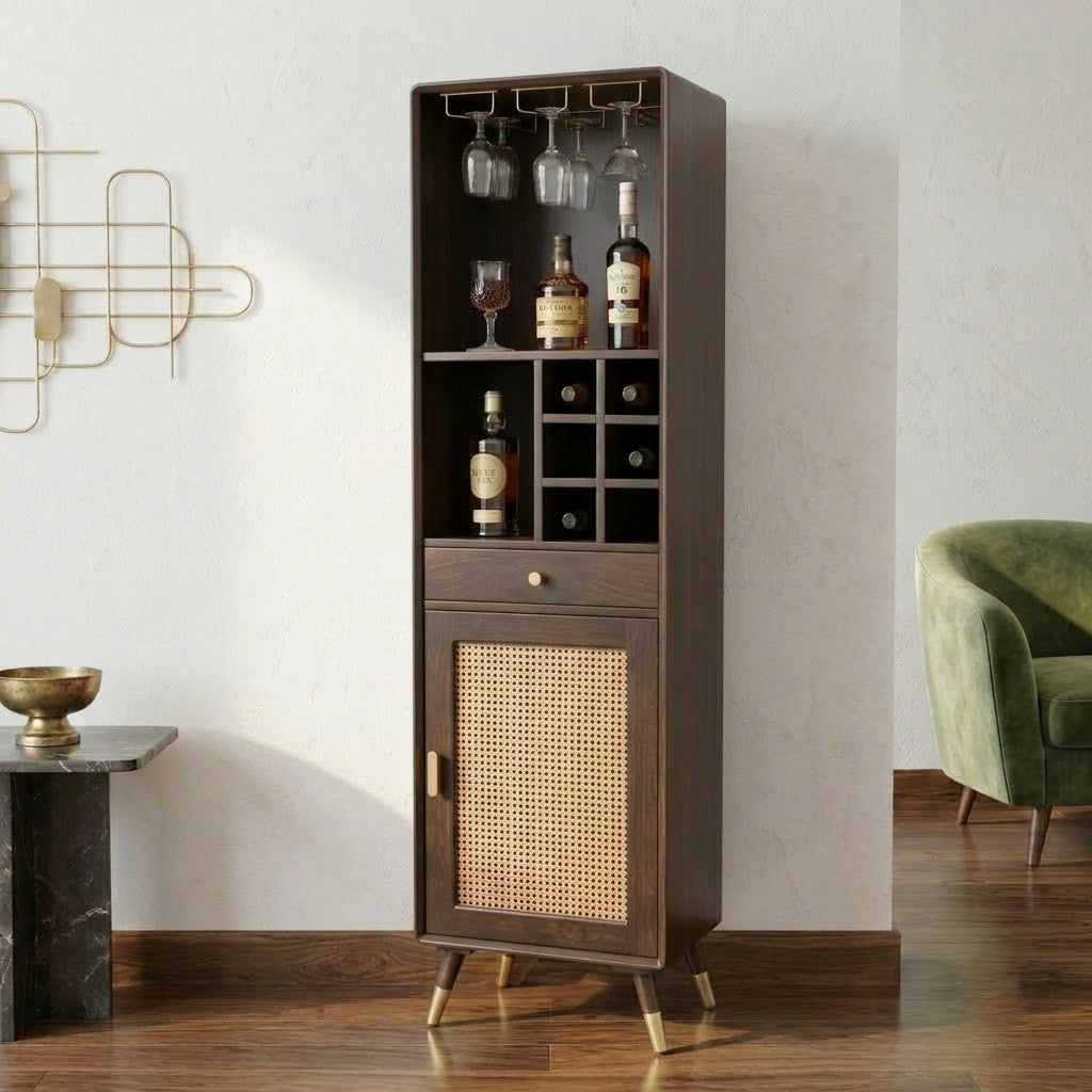 PRITI Modern Rattan Cane Bar Cabinet with Storage – Grey Finish