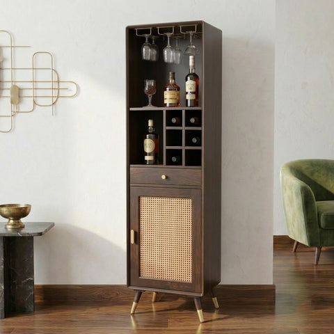 PRITI Modern Rattan Cane Bar Cabinet with Storage – Grey Finish
