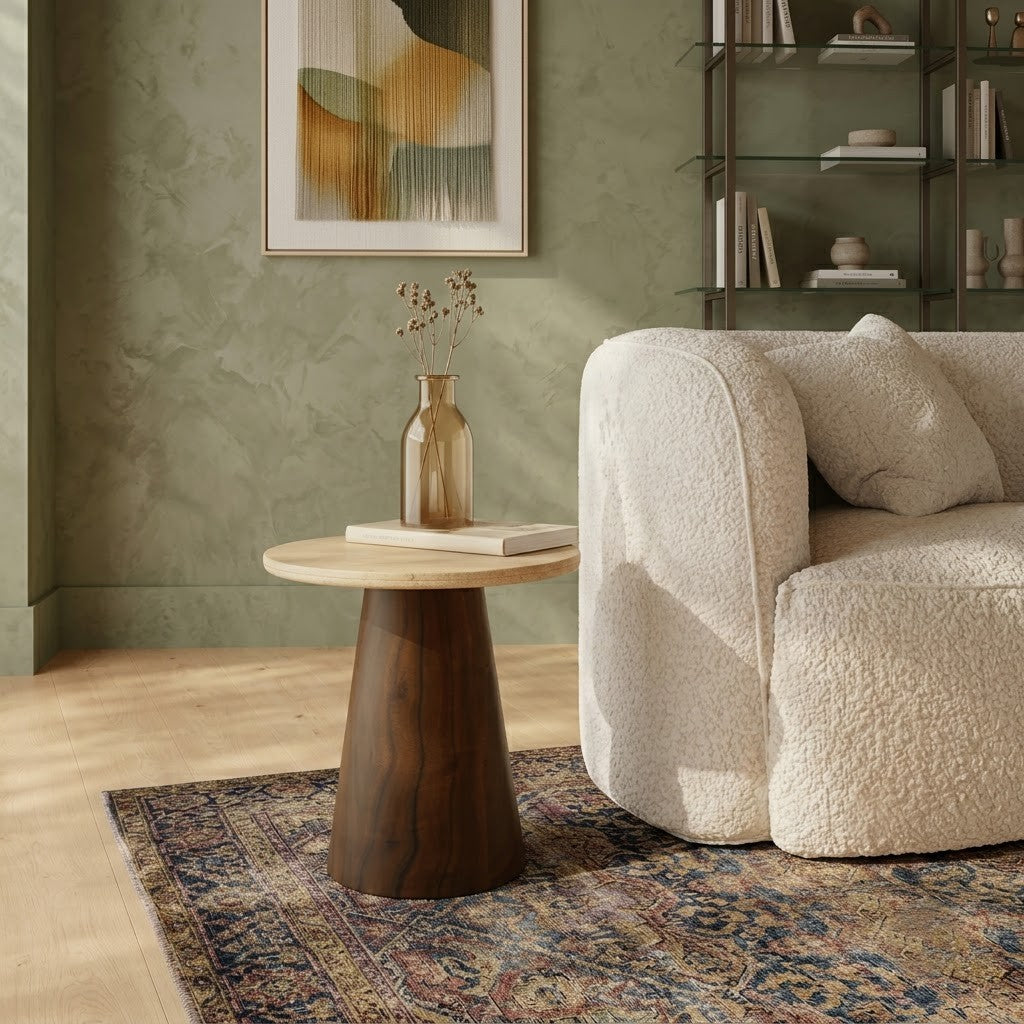 PRITI Modern Round Side Table – Beige Travertine Top with Wooden Base