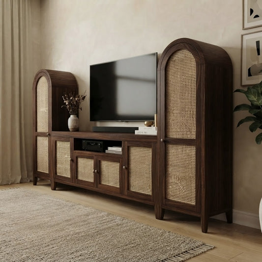 PRITI Modern Sheesham Wood TV Console with Cane Panel Storage for Living Room