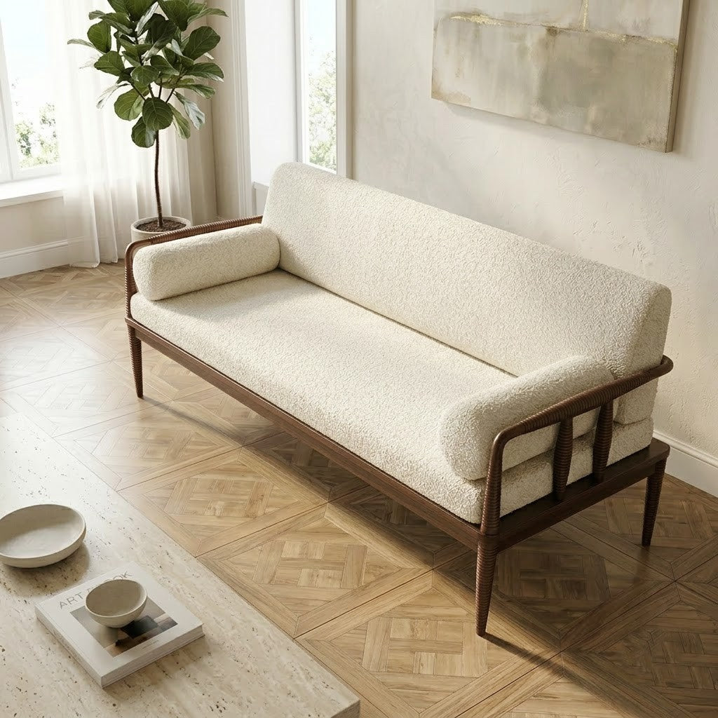 PRITI Modern Solid Wood 3 Seater Sofa with Wooden Piers