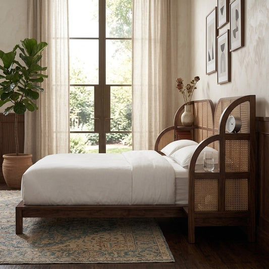 PRITI Modern Solid Wood Bedroom Bed with Rattan Cane – Wooden Slice