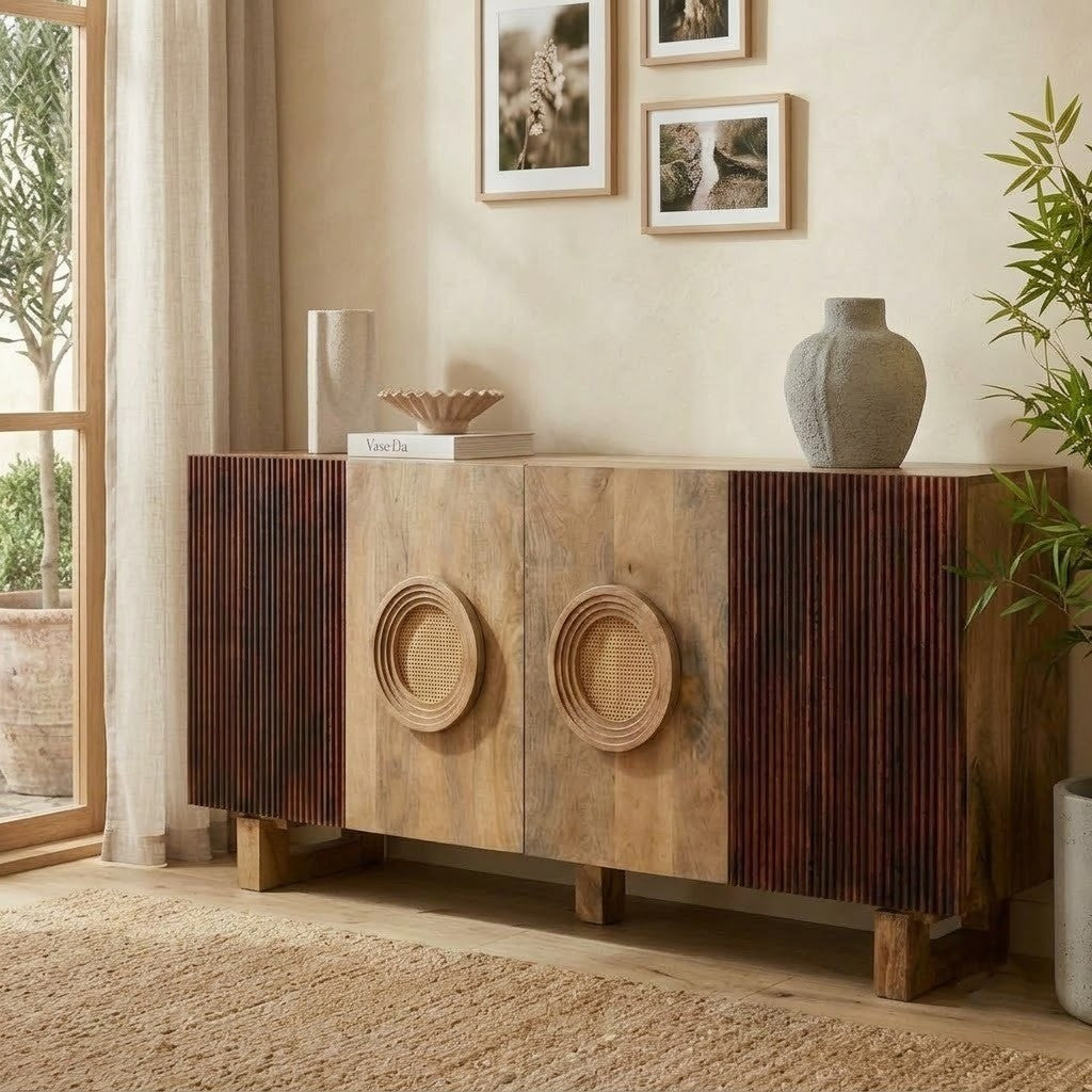 PRITI Modern Solid Wood Sideboard with Rattan Panels