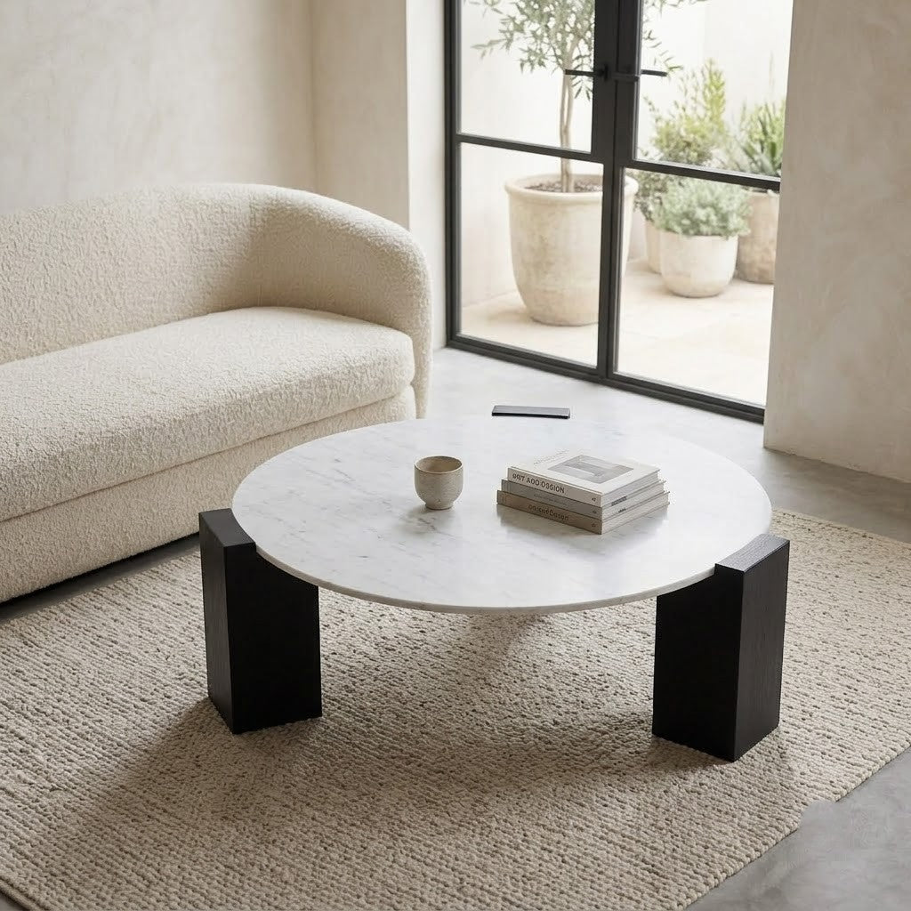 PRITI Modern Travertine Centre Table – Elegant Round Coffee Table