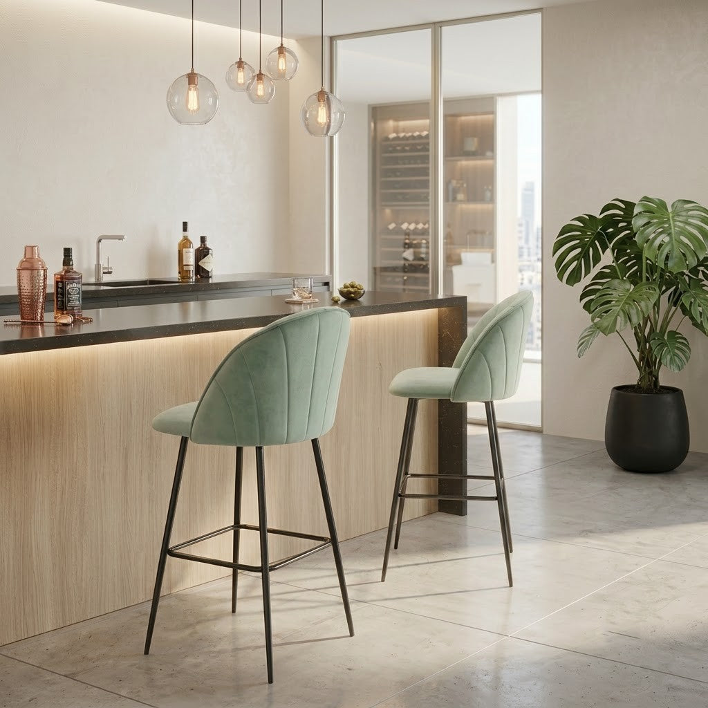 PRITI Modern Velvet Bar Stools Set of 2 – Mint Green Kitchen Counter Chairs