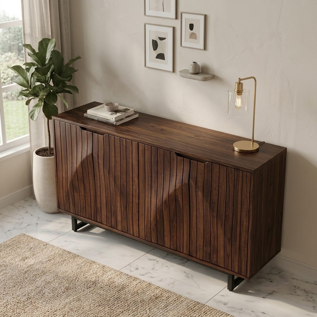 PRITI Modern Walnut Cabinet with Fluted Panels