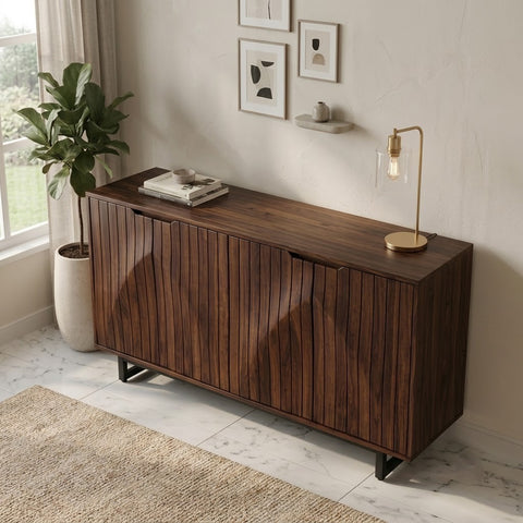 PRITI Modern Walnut Cabinet with Fluted Panels