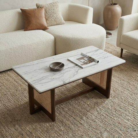 PRITI Modern Wooden Coffee Table with Banswara White Stone Top