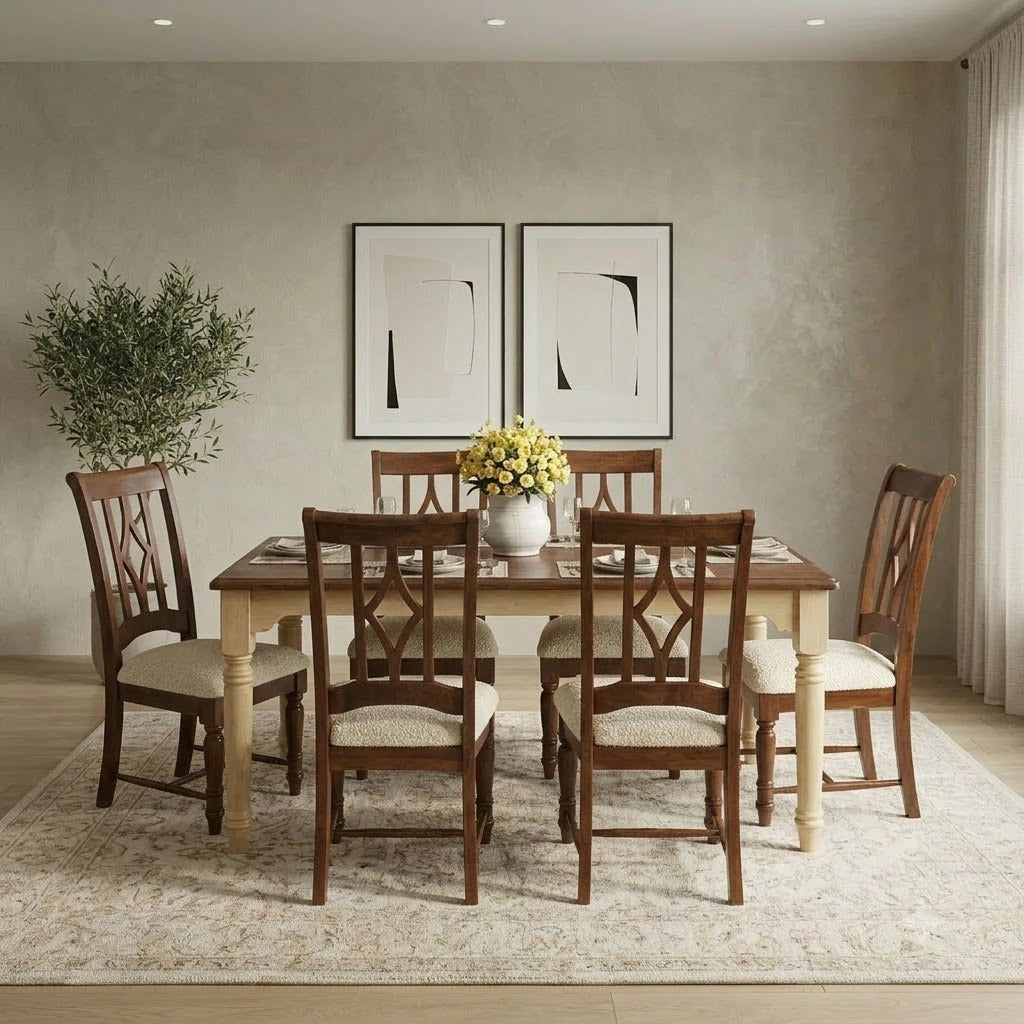 PRITI Modern Wooden Dining Set with Crème Boucle Fabric Chairs – 6 Seater