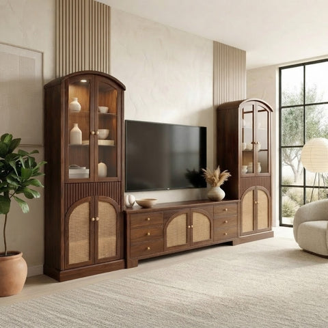 PRITI Modern Wooden TV Unit with Cane Panel Cabinet