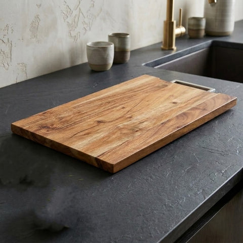PRITI Natural Acacia Wood Serving & Chopping Board with Metal Handle