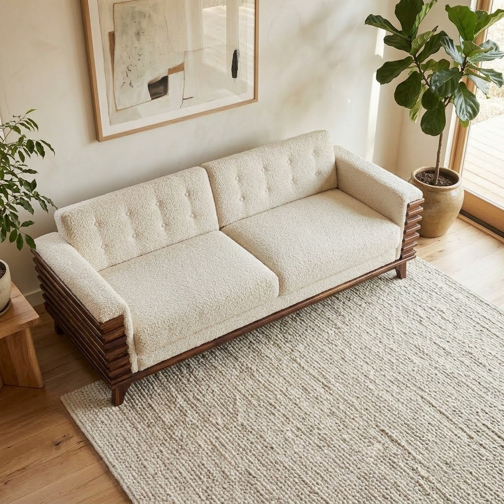 PRITI Natural Finish Wooden Sofa with Crème Boucle Upholstery
