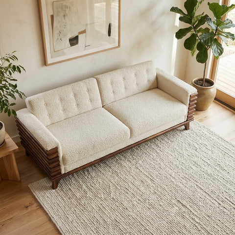 PRITI Natural Finish Wooden Sofa with Crème Boucle Upholstery