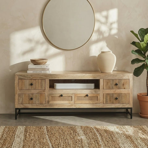 PRITI Natural Mango Wood Media Console – Woven Rattan Storage Drawers