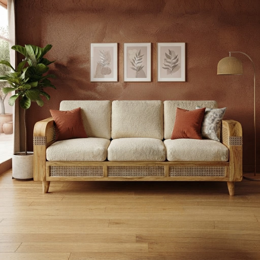 PRITI Natural Mango Wood Sofa with Cane Detailing