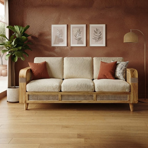 PRITI Natural Mango Wood Sofa with Cane Detailing