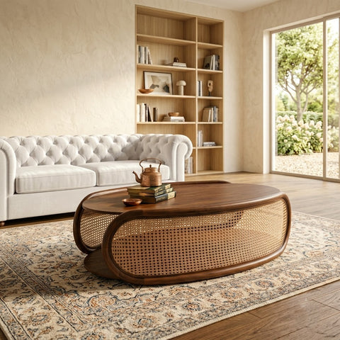 PRITI Natural Wood Oval Coffee Table for Modern Living Room