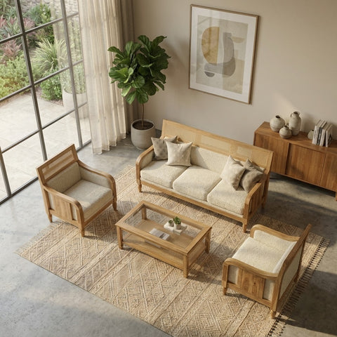 PRITI Natural Wood Sofa Set with Crème Bouclé Fabric