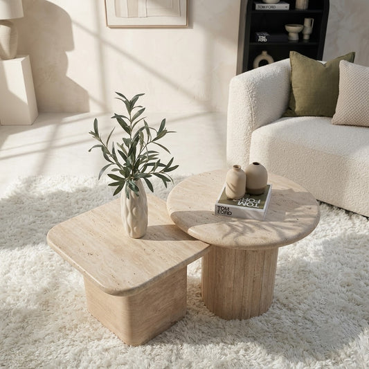 PRITI Nesting Travertine Coffee Table Set – Round & Square Duo