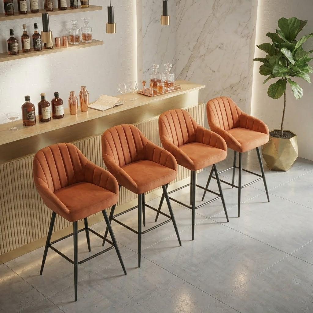 PRITI Orange Velvet Bar Stools Set of 4, Modern Kitchen Counter Stools with Backrest & Metal Legs