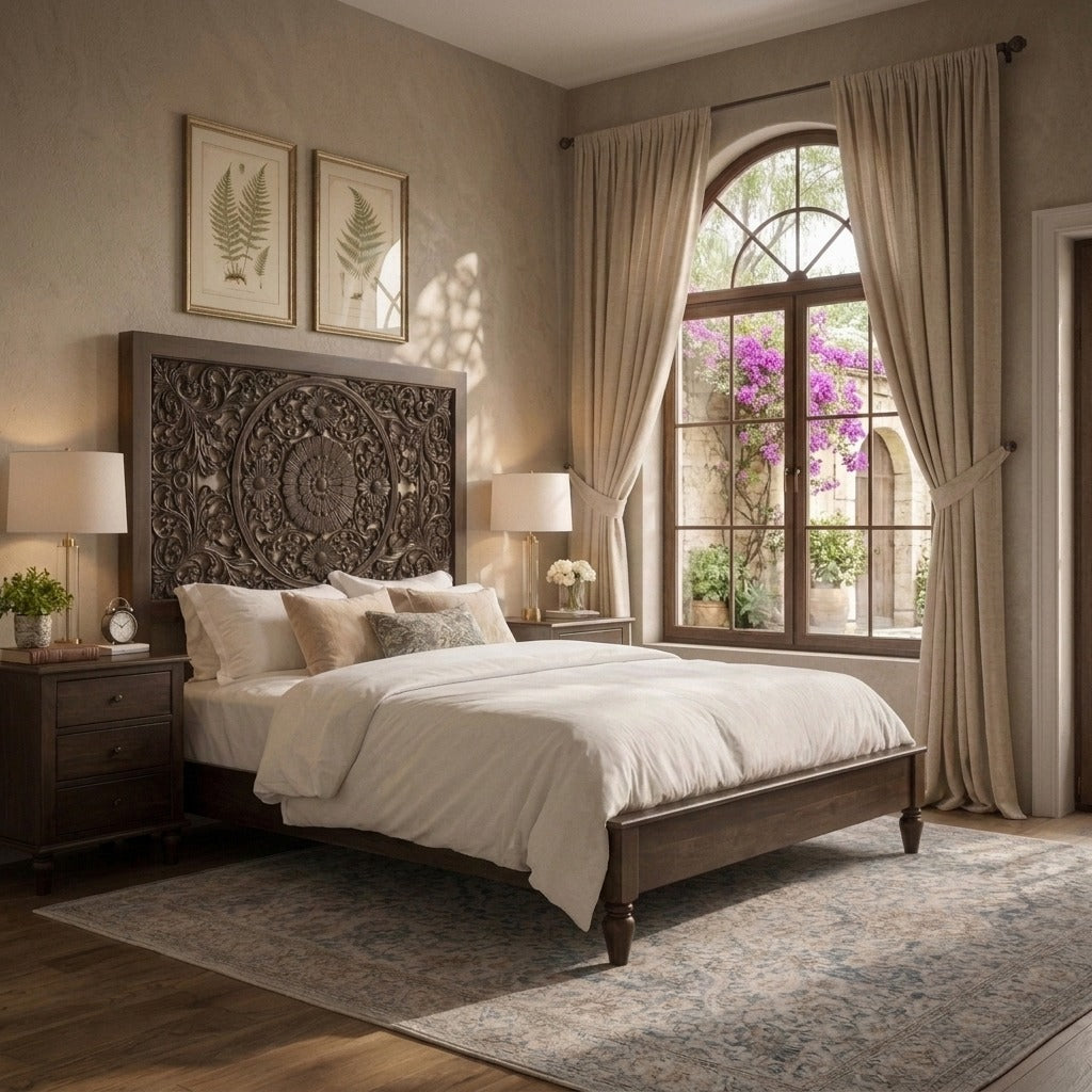 PRITI Ornate Floral Hand-Carved Mango Wood Bed Frame – No Storage
