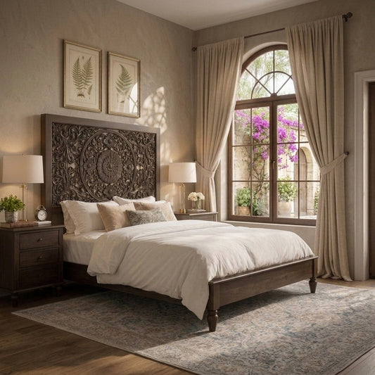 PRITI Ornate Floral Hand-Carved Mango Wood Bed Frame – No Storage