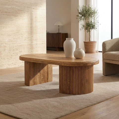 PRITI Oval Wooden Coffee Table | Natural Wood Centre Table for Modern Living Rooms