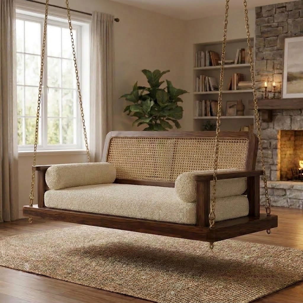 PRITI Premium 2 Seater Sheesham Wood Swing Chair with Boucle Seat