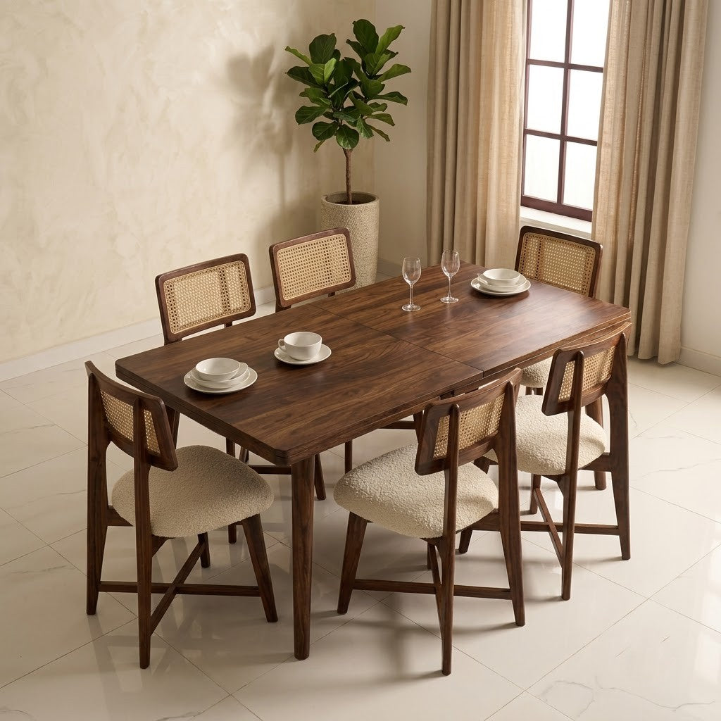 PRITI Premium 6 Seater Wooden Dining Set with Boucle Fabric Upholstery
