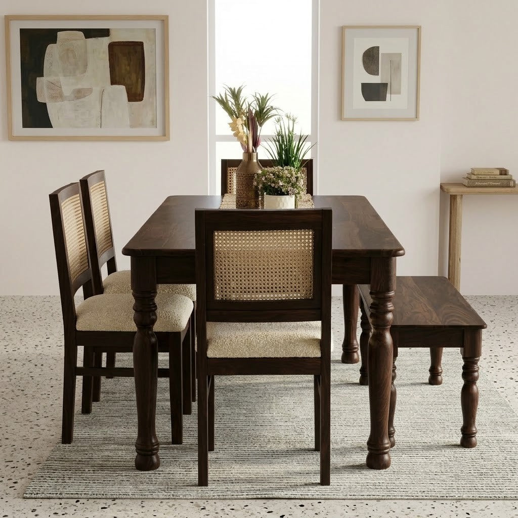 PRITI Premium 6 Seater Wooden Dining Set with Boucle Fabric Upholstery