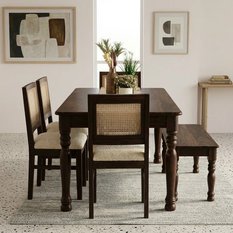 PRITI Premium 6 Seater Wooden Dining Set with Boucle Fabric Upholstery
