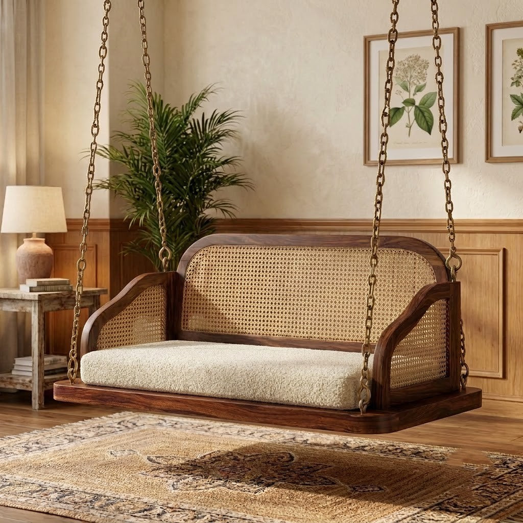 PRITI Premium Dark Walnut Wooden Swing with Boucle Upholstered Seat