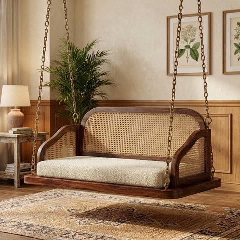 PRITI Premium Dark Walnut Wooden Swing with Boucle Upholstered Seat