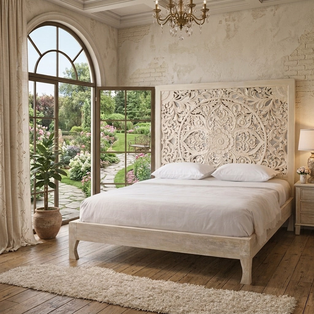 PRITI Premium Hand-Carved Mango Wood Bed with Intricate Floral Details