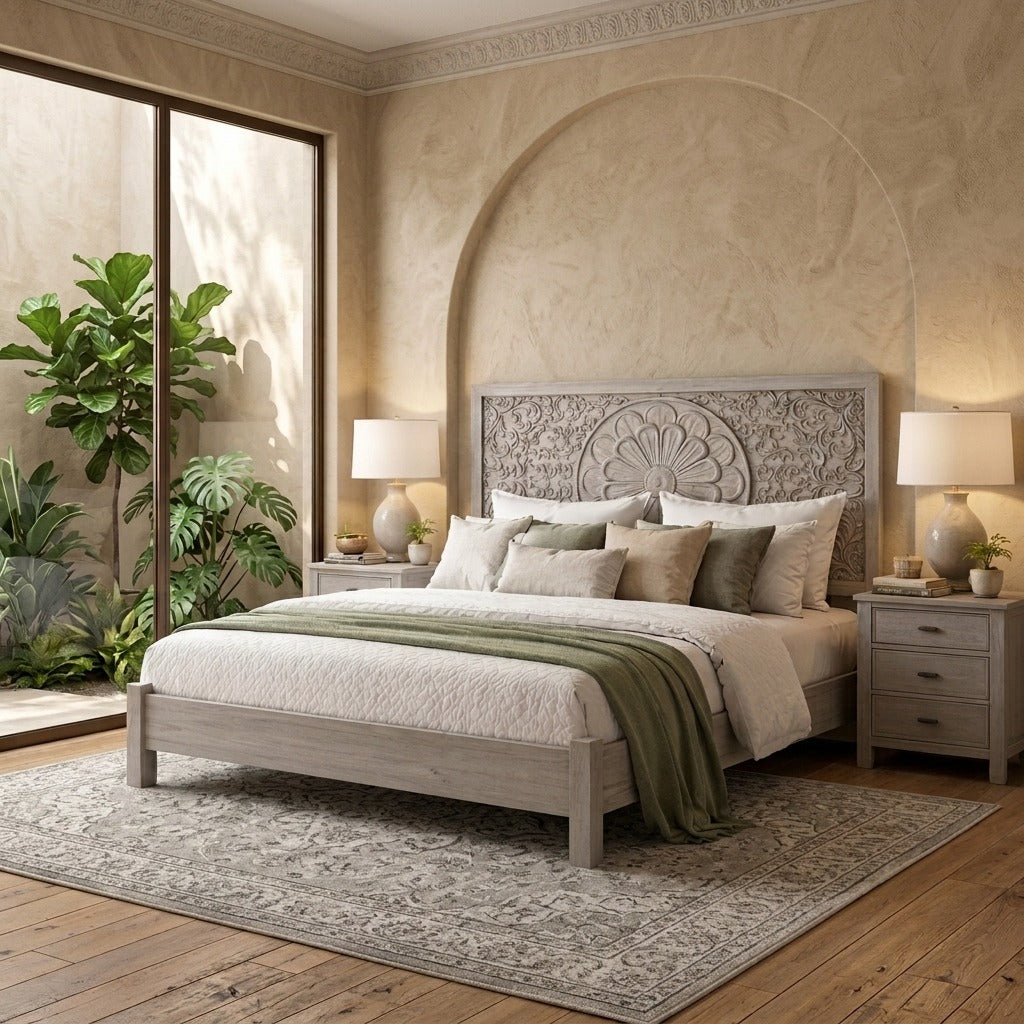 PRITI Premium Handcrafted Mango Wood Bed in Grey with Floral Design