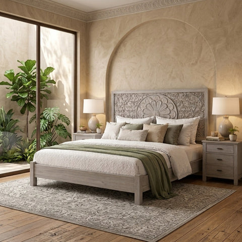 PRITI Premium Handcrafted Mango Wood Bed in Grey with Floral Design