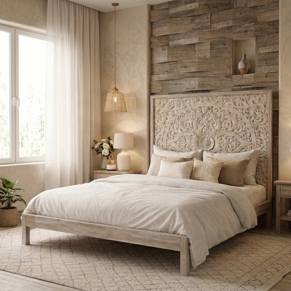 PRITI Premium Mango Wood Bed with Ornate Floral Hand-Carved Headboard