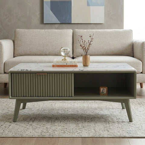 PRITI Premium Mango Wood Coffee Table with Banswara White Marble Finish