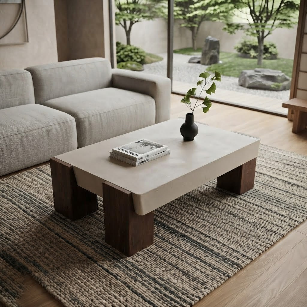 PRITI Premium Off White Coffee Table with Wooden Base