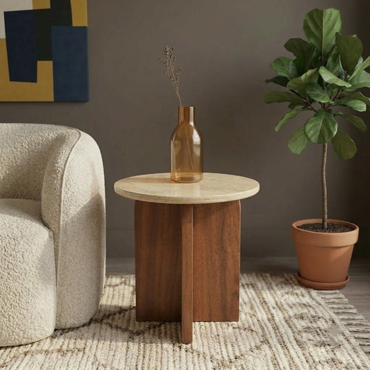 PRITI Premium Round Side Table with Beige Travertine Top
