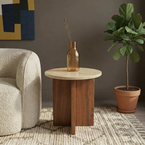 PRITI Premium Round Side Table with Beige Travertine Top