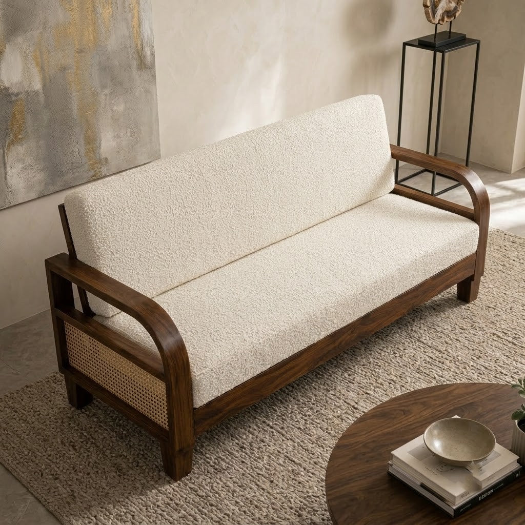 PRITI Premium Sheesham Wood 3 Seater Sofa with Rattan Cane Back