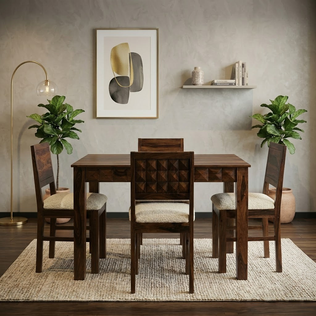 PRITI Premium Sheesham Wood 4 Seater Dining Table Set in Dark Walnut Finish