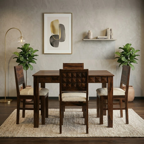 PRITI Premium Sheesham Wood 4 Seater Dining Table Set in Dark Walnut Finish