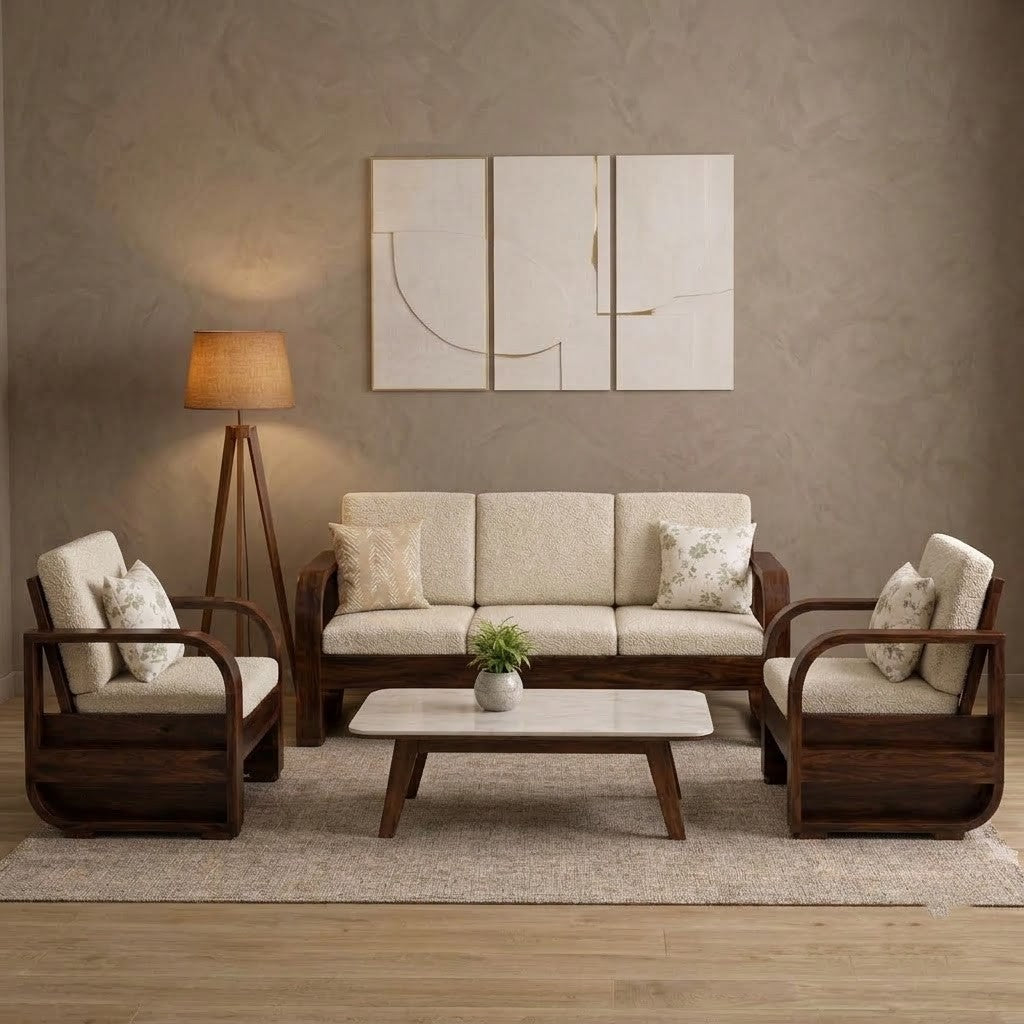 PRITI Premium Sheesham Wood 5 Seater Sofa Set – Round Arm Design