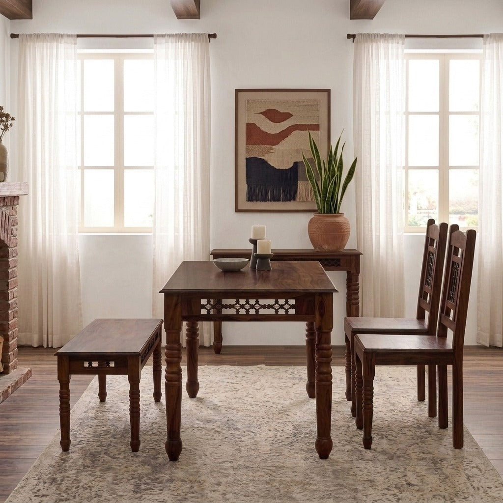 PRITI Premium Sheesham Wood Dining Set with 2 Chairs & Bench – Brown